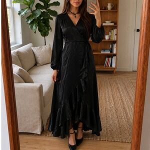 Flounce London Wrap Maxi Dress Size 8 Black Satin Ruffle Goth Romantic Formal